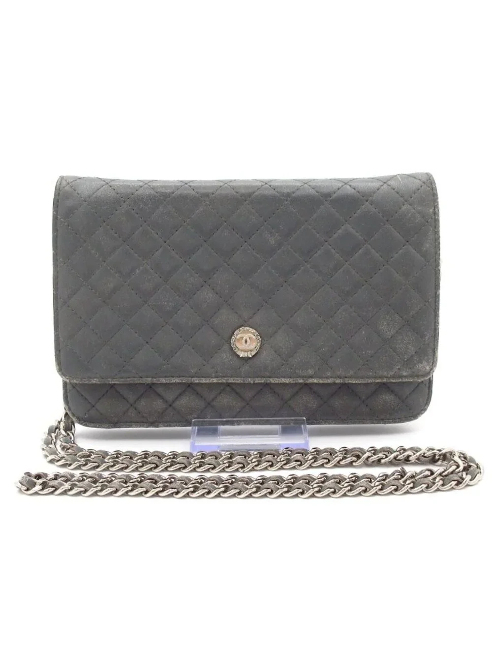 Chanel Wallet Quilted Gray Chain Leather Shoulder